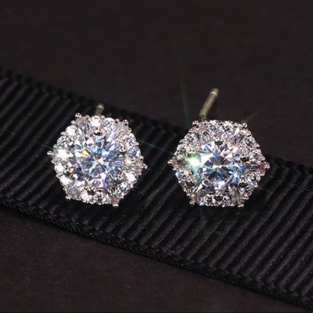 Hexagon Diamond Halo Stud Earrings